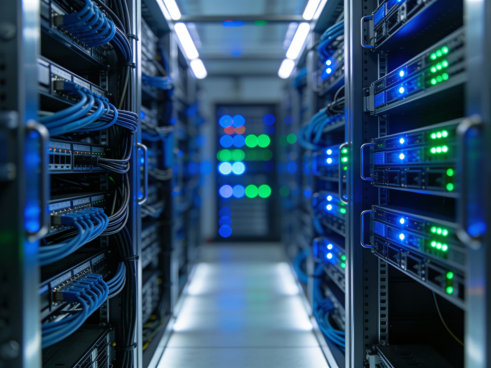Mavi ve yeşil LED'li sunucu odası ve rack'ler